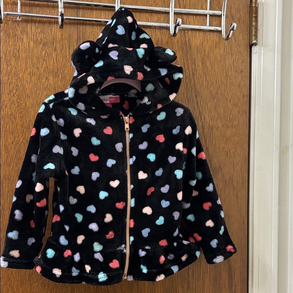 Penelope Mack Cozy Black Fleece Hoodie with Multicolor Hearts